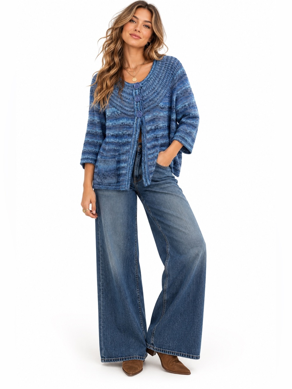 Dressbarn XL Blue Marled Shimmer Knit Cardigan 3/4 Sleeve Pockets